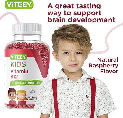 Vitamin B12 for Kids Gummies, 1000mcg - Metabolism, Natural Energy Support - Vegan, Gelatin Free, Gluten Free, GMO Free - Tasty Chewable B12 Raspberry Flavored Gummy