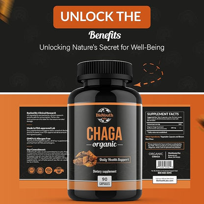 Chaga Capsules Organic Supplement | Supports Immune Health & Vitality | Daily Immune Support | Organic Chaga Mushroom Extract | 90 Capsules (1 Month Supply)