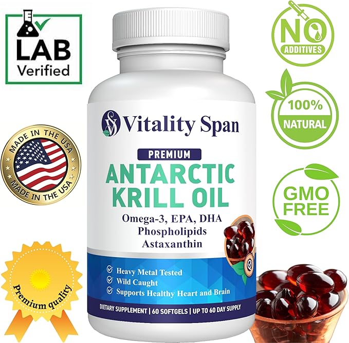 Antarctic Krill Oil Omega 3 Astaxanthin Choline DHA EPA, Superior Absorption, Extra Strength, No Fish Oil Aftertaste, Heavy Metal Tested, Small Size softgels 500mg