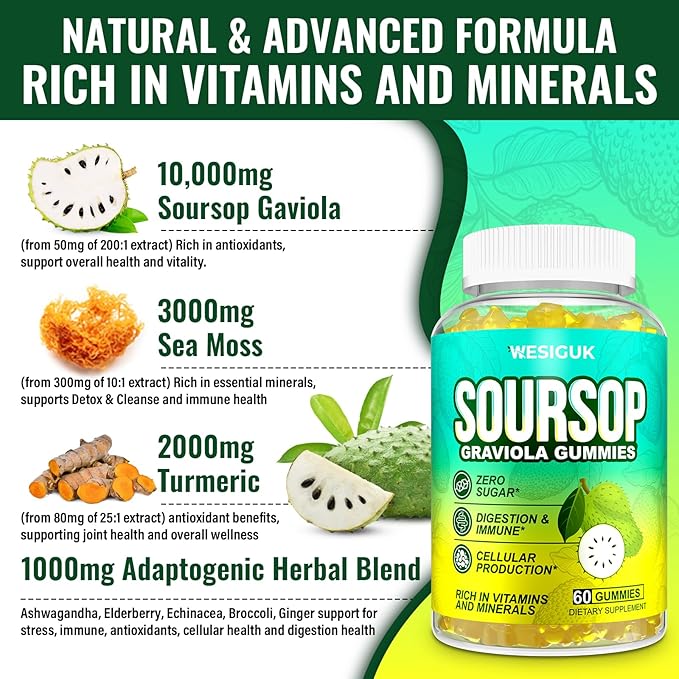 Soursop Graviola Gummies, Max Strength Soursop Leaves Extract with Sea Moss, Turmeric for Cell Support & Regeneration, Immunity, Liver and Antioxidant, Sugar/Gluten Free, Vegan - 60 Soursop Gummies
