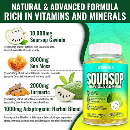 Soursop Graviola Gummies, Max Strength Soursop Leaves Extract with Sea Moss, Turmeric for Cell Support & Regeneration, Immunity, Liver and Antioxidant, Sugar/Gluten Free, Vegan - 60 Soursop Gummies