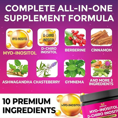 BMVINVOL Inositol Supplement - Myo-Inositol and D-Chiro Inositol Ideal 40:1 Ratio - Plus Berberine, Cinnamon, Ashwagandha + 5 More - 120 Capsules