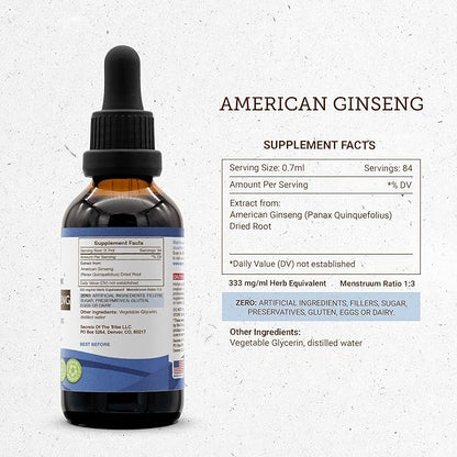 Secrets of the Tribe American Ginseng Tincture Alcohol-Free Extract, Farm Grown American Ginseng (Panax Quinquefolius) Dried Root Tincture Supplement (2 FL OZ)