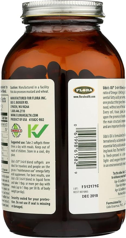 Flora - Udo's Choice, Omega 369 Oil Blend, Vegetarian Capsules, 180 Count,61582