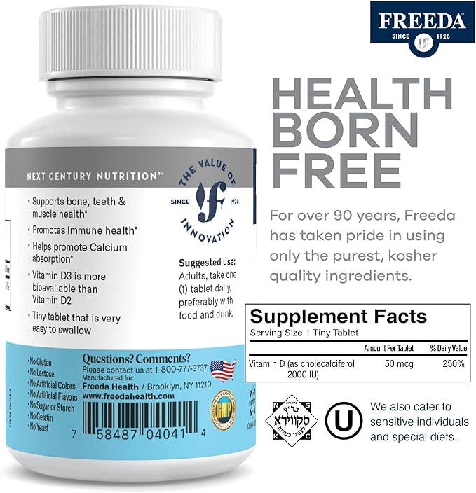 FREEDA Vitamin D3-2000 IU – High-Potency Vitamin D for Bone Strength & Immune Support – Easy-to-Swallow Tablets – 100 Tiny Tablets