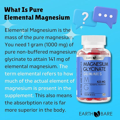 Magnesium Glycinate Gummies - High Potency Magnesium Supplement with Maximum 423mg of Elemental Magnesium, Pre and Probiotics | Magnesium Bisglycinate for Superior Health Support | 60 Count