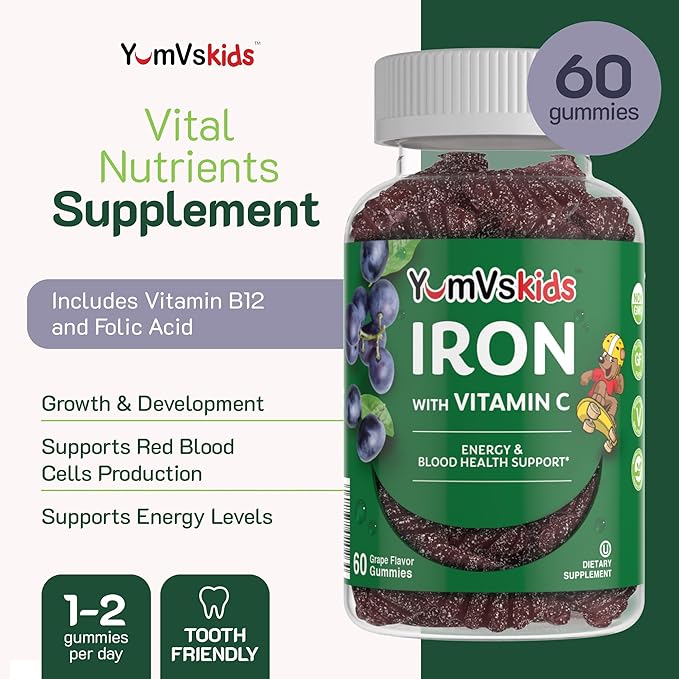 YumVs Complete Kids Iron Gummies - Kids Iron Supplement Gummies with Vitamin C - Grape Flavor, Children's Chewable Iron Supplement for Kids, Kosher Halal Gluten Free Vegetarian Iron Gummies (60 Count)