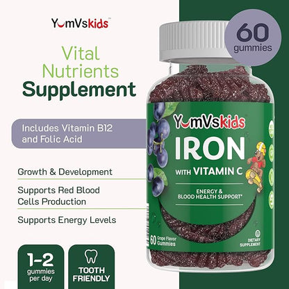 YumVs Complete Kids Iron Gummies - Kids Iron Supplement Gummies with Vitamin C - Grape Flavor, Children's Chewable Iron Supplement for Kids, Kosher Halal Gluten Free Vegetarian Iron Gummies (60 Count)