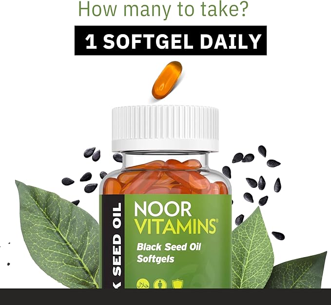 Noor Vitamins Halal Black Seed Oil Capsules, Halal Vitamins, 1000 mg Black Seed Oil from Nigella Sativa, Thymoquinone, Non-GMO, Gluten Free, 60 Count