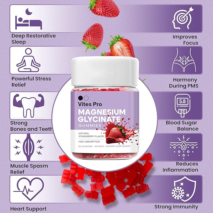 Magnesium Glycinate Gummies – Magnesium Complex, Chewable Supplement, Calm Support, Promotes Sleep & Relaxation, Muscle Recovery, Threonate, for Adults – Strawberry Flavor, 60 Count, 30-Day