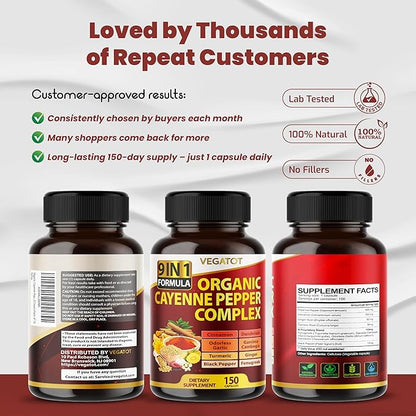Organic Cayenne Pepper 9IN1 Complex with Cinnamon, Ginger, Turmeric for Overall Health, Immune System, Digestion Wellness (150 Count (Pack of 1))