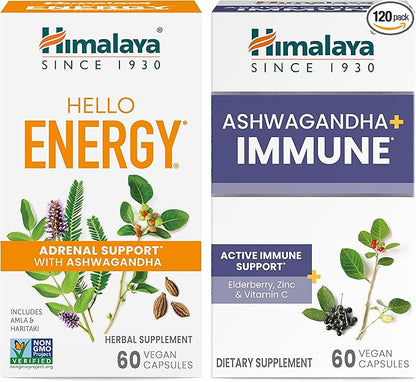 Himalaya Hello Energy with Ashwagandha for Adrenal Support & Daily Energy and & Ashwagandha +Immune with Vitamin C for Active Immune Support, 60 Capsules Each - Bundle