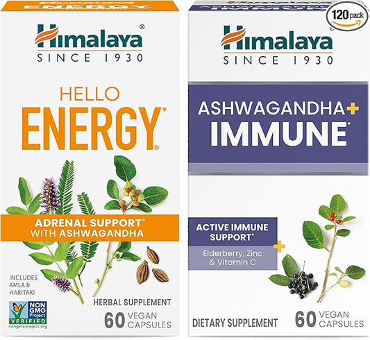 Himalaya Hello Energy with Ashwagandha for Adrenal Support & Daily Energy and & Ashwagandha +Immune with Vitamin C for Active Immune Support, 60 Capsules Each - Bundle