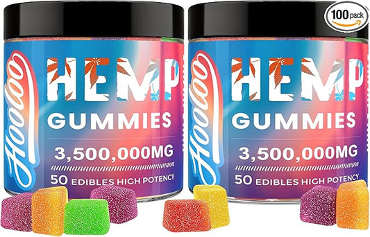 Hemp Gummies Big Cubes Extra Strength for Bedtime Support, Unwind, 6 Fruity Flavors Chewable Hemp Gummy Vitamins for Adults, Pack of 2, Made in USA