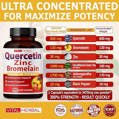 Premium High Purity Quercetin 98% with Bromelain Capsules Equivalent to 3470 mg - Maximum Potency with Green Tea Ashwagandha - Supports Overall Health Strength Energy - 90 Days Supply