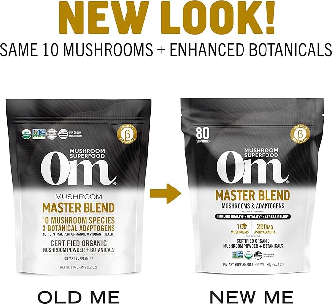 Om Mushroom Master Blend, Organic 10 Mushroom Complex & Adaptogens Powder, Reishi & Lions Mane - 6.2 oz