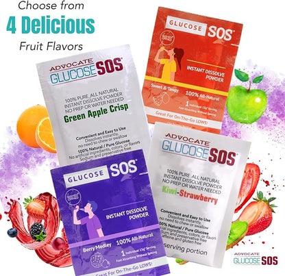 Glucose SOS Kiwi-Strawberry + Sweet & Tangy 72 Packs (2X) Glucose Packets with Natural Dextrose, Fast-Absorption That Instantly Dissolves in Your Mouth with No Water Needed