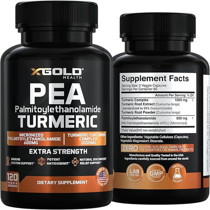 Palmitoylethanolamide 600mg + Turmeric Curcumin Complex 1000mg: Micronized Pea 99% Highly Purified and Bioavailable - Made in USA - Supplement for Men and Women - 120 Veggie Capsules