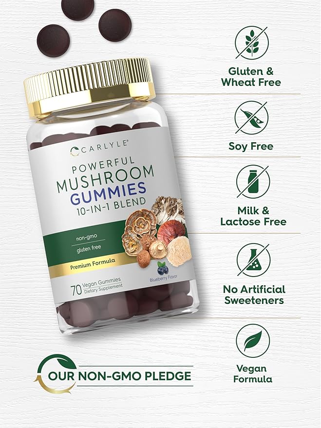 Carlyle Mushroom Supplement Gummies | 70 Vegan Gummies | 10-in-1 Blend | Non-GMO, and Gluten Free