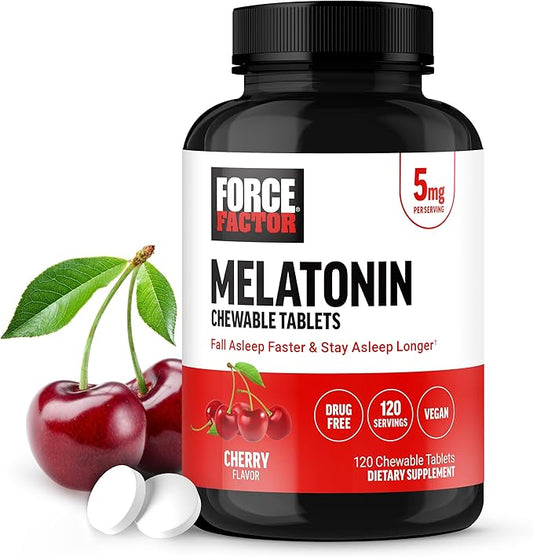 FORCE FACTOR Chewable Melatonin 5mg, Drug-Free Supplement, Vegan, Non-GMO, Cherry Flavor, 120 Tablets