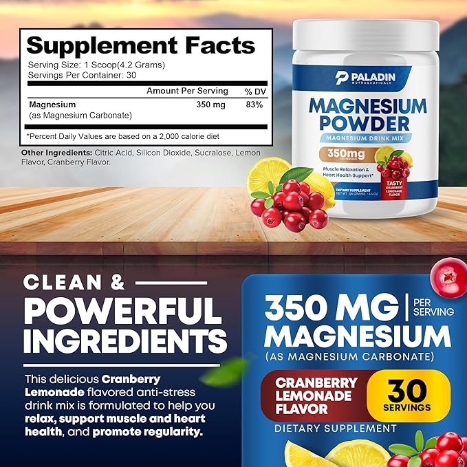 Magnesium Powder - Anti-Stress Drink Mix for Calm & Regularity - Magnesium Citrate Supplement - Relaxation, Muscle & Heart Support - Cranberry Lemonade Flavor - 30 Servings