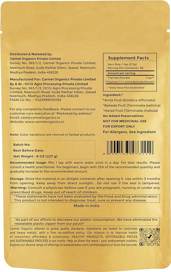 CARMEL ORGANICS Triphala Fruits Powder 8 oz for Digestive Support | No Added Preservatives | Blend of Harad, Baheda & Amla in Equal Ratio