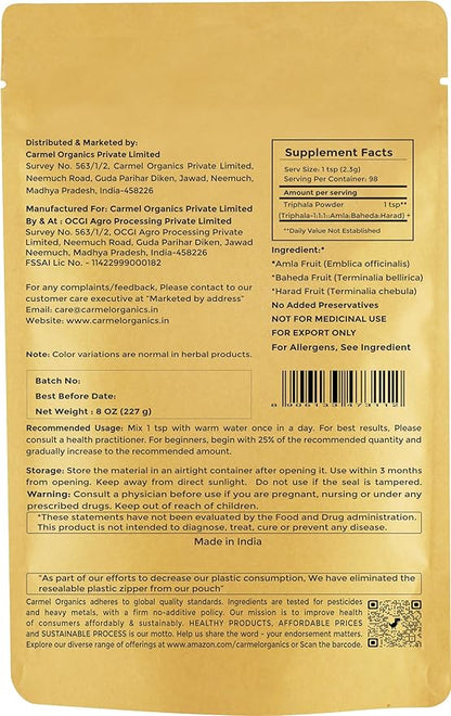 CARMEL ORGANICS Triphala Fruits Powder 8 oz for Digestive Support | No Added Preservatives | Blend of Harad, Baheda & Amla in Equal Ratio