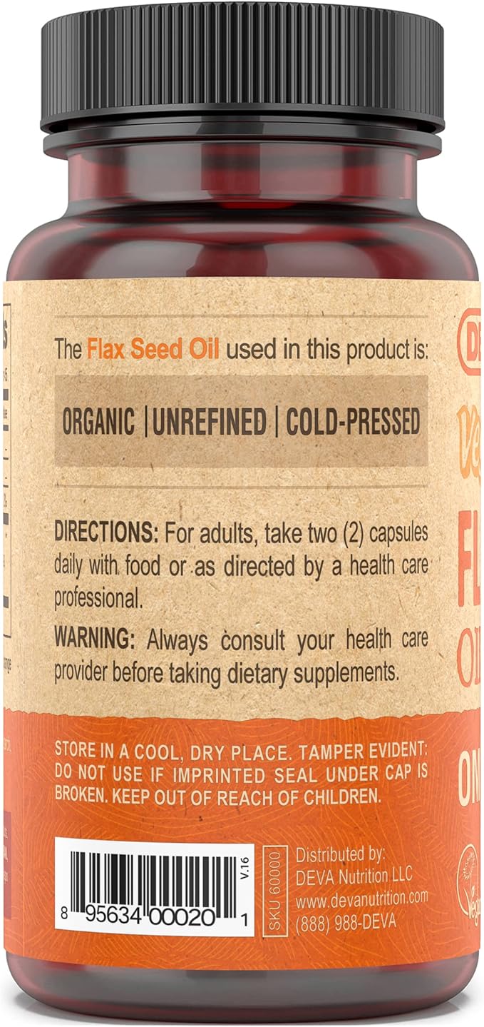 DEVA Organic Vegan Vitamins Flax Seed Oil - Rich in Omega-3, Cold-Pressed & Unrefined - 90 Capsules, 2-Pack