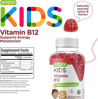 Vitamin B12 for Kids Gummies, 1000mcg - Metabolism, Natural Energy Support - Vegan, Gelatin Free, Gluten Free, GMO Free - Tasty Chewable B12 Raspberry Flavored Gummy
