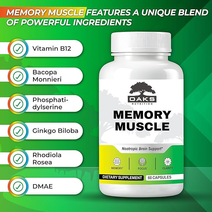 Memory Muscle - Nootropic Brain Support for Memory, Enhanced Focus & Mental Clarity - Featuring B12 for Energy