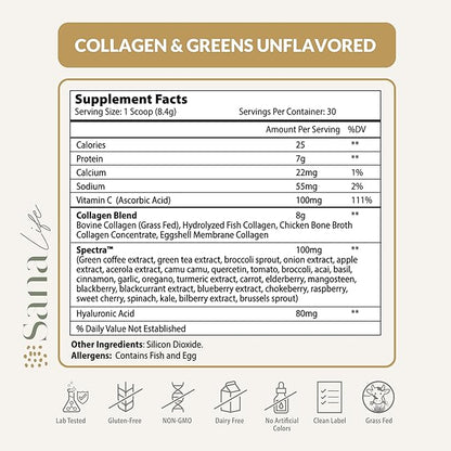 Collagen & Greens Powder, Multi-Collagen Supplement with Hyaluronic Acid for Skin, Hair, Nail & Gut Health - 30 Servings (Unflavored)