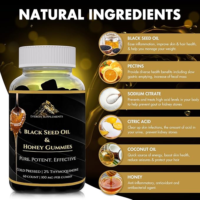 Pure Black Seed Oil and Honey Gummies - 2000mg Per Serving, Maximum Potency - Cold Pressed Natural Black Seed Oil with Honey - 2% Thymoquinone, Nigella Sativa - Potent Formula - Tastes Like Candy
