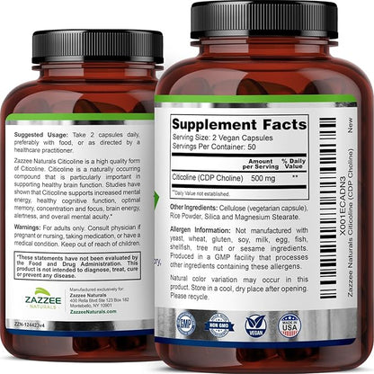 Zazzee Extra Strength Citicoline, 500 mg per Serving, 100 Vegan Capsules, Superior CDP Choline Form, 100% Vegetarian and Pharmaceutical Grade, 50-Day Supply, All-Natural and Non-GMO