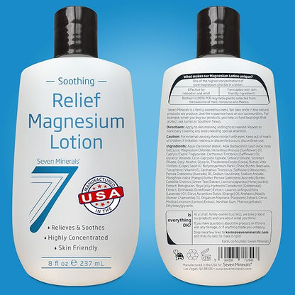 Seven Minerals Magnesium Lotion for Sleep, Soothing Relief & Relaxation - Highly Concentrated Magnesium for Better Sleep, Feet & Joint Care. Non-Greasy Lotion with Skin Friendly Ingredients - 8 fl oz