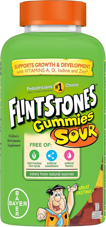Flintstones Sour Gummies Kids Vitamins, Gummy Multivitamin for Kids with Vitamins A, B6, B12, C, D & more, 180ct (Pack of 2)