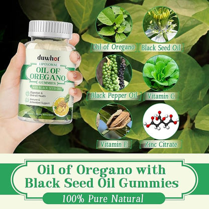 Liposomal Oregano Oil Gummies, Organic Chewable Oil of Oregano with Black Seed Oil for Kids & Adults, Immune System & Gut Health, Natural Pineapple Flavor, 60 Count