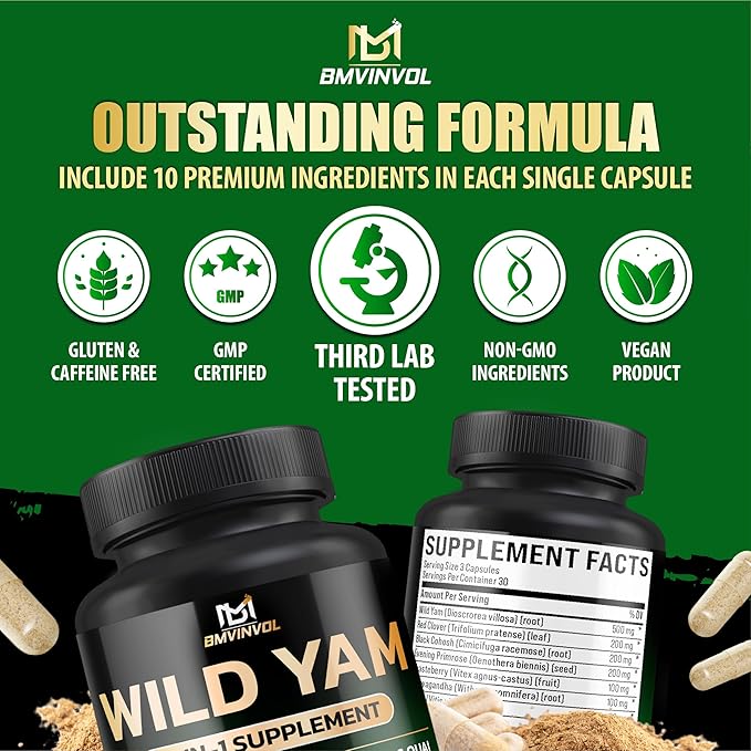 BMVINVOL Wild Yam Supplement | Red Clover, Black Cohosh, Evening Primrose, Berberine, Myo-Inositol - Hormone Balance for Women [ 90 Capsules]