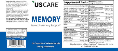 USCare Memory - Natural Memory Support Formulated with 40 Unique Nootropic with Phosphatidylserine, Choline, Bacopa Monnieri and Huperzine A