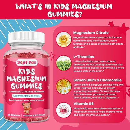 Magnesium Gummies for Kids - Magnesium Citrate Supplement with Vitamin B6, L-theanine, Chamomile & Lemon Balm - Calm Magnesium for Kids & Adults Sleep, Relaxation, Strawberry Flavor 60 Gummies