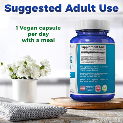 Vitamin K2 MK7 (MenaQ7) 100 mcg w/Coconut Oil for Superior Absorption, Dietary Health Supplement, 120 Vegan Liquid Capsules to Support Bone Strength & Density for Adults Women & Men