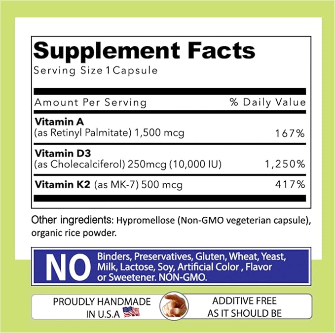 Our Daily Vites ADK 10 Double Strength (10,000 iu) Vitamins A1, D3 & K2 (as MK7) - Physician Formulated Bone & Immune System Support - Gluten Free, Non GMO - 180 Vegetarian Capsules