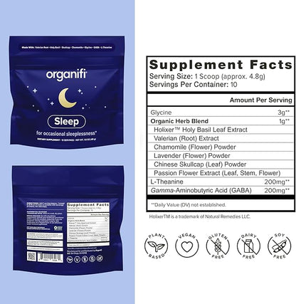 Organifi Sleep - Sleep Support with Valerian Root, Lavender, GABA and L-theanine - No Melatonin - Calming and Relaxing Nighttime Drink - No Gluten, Dairy or Soy