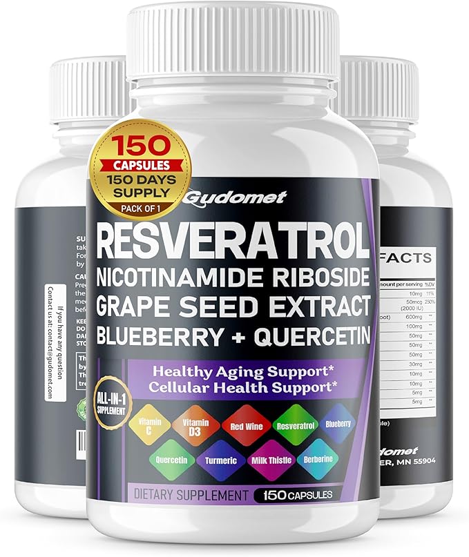 Trans-Resveratrol Grape Seed Nicotinamide Riboside Blueberry Quercetin Turmeric Milk Thistle Berberine - Healthy Aging - 150 Capsules- Made in USA
