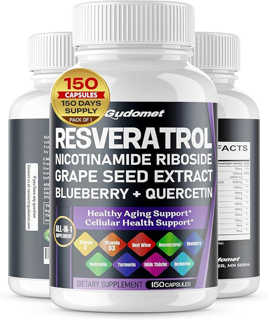 Trans-Resveratrol Grape Seed Nicotinamide Riboside Blueberry Quercetin Turmeric Milk Thistle Berberine - Healthy Aging - 150 Capsules- Made in USA