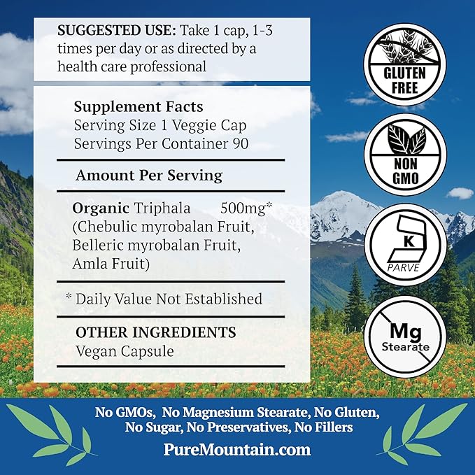 Pure Mountain Botanicals Triphala Capsules 90 Kosher Vegan Caps Now with 500mg Organic Blend of Amla Indian Fruit
