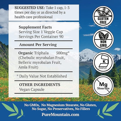 Pure Mountain Botanicals Triphala Capsules 90 Kosher Vegan Caps Now with 500mg Organic Blend of Amla Indian Fruit