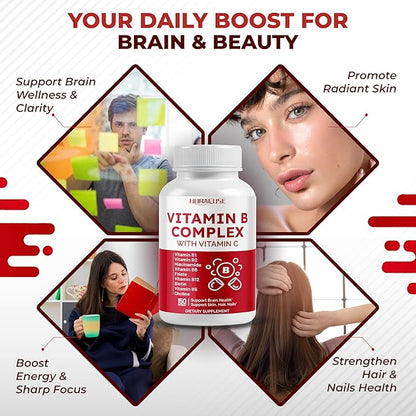 Vitamin B Complex Vitamin B1, B2, 6,9,12 Niacin, with Vitamin C - Support Brain Health, Energy Levels, Skin, Hair, and Nails - Made and Tested in The USA