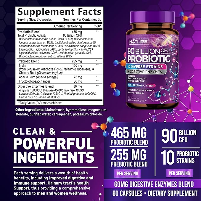 90 Billion CFU Probiotic - Daily Digestive Gut Health Supplement for Men & Women - Lactobacillus acidophilus, Bifidobacterium & Prebiotics - Non-GMO, Gluten & Dairy Free, Shelf-Stable - 60 Capsules