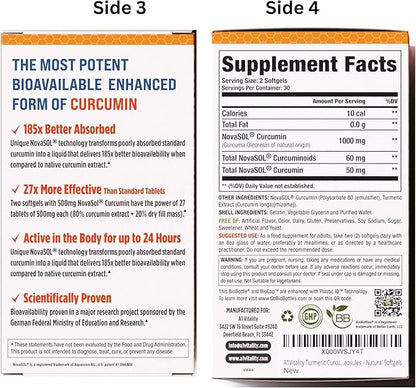 Turmeric Curcumin NovaSOL 1000mg - Nature's Joint Support Supplements - 185x Bioavailable Than Standard Curcumin - Natural Softgels