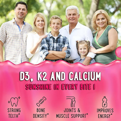 Center-Filled Vitamin D3 K2 Gummies - Kids, Teens & Adults - Supplement for Healthy Teeth, Bone, Energy & Immunity - 5000 IU D3, 120 mcg K2(MK-7), 120 mg Calcium - Vegan & Non-GMO - 60 Count